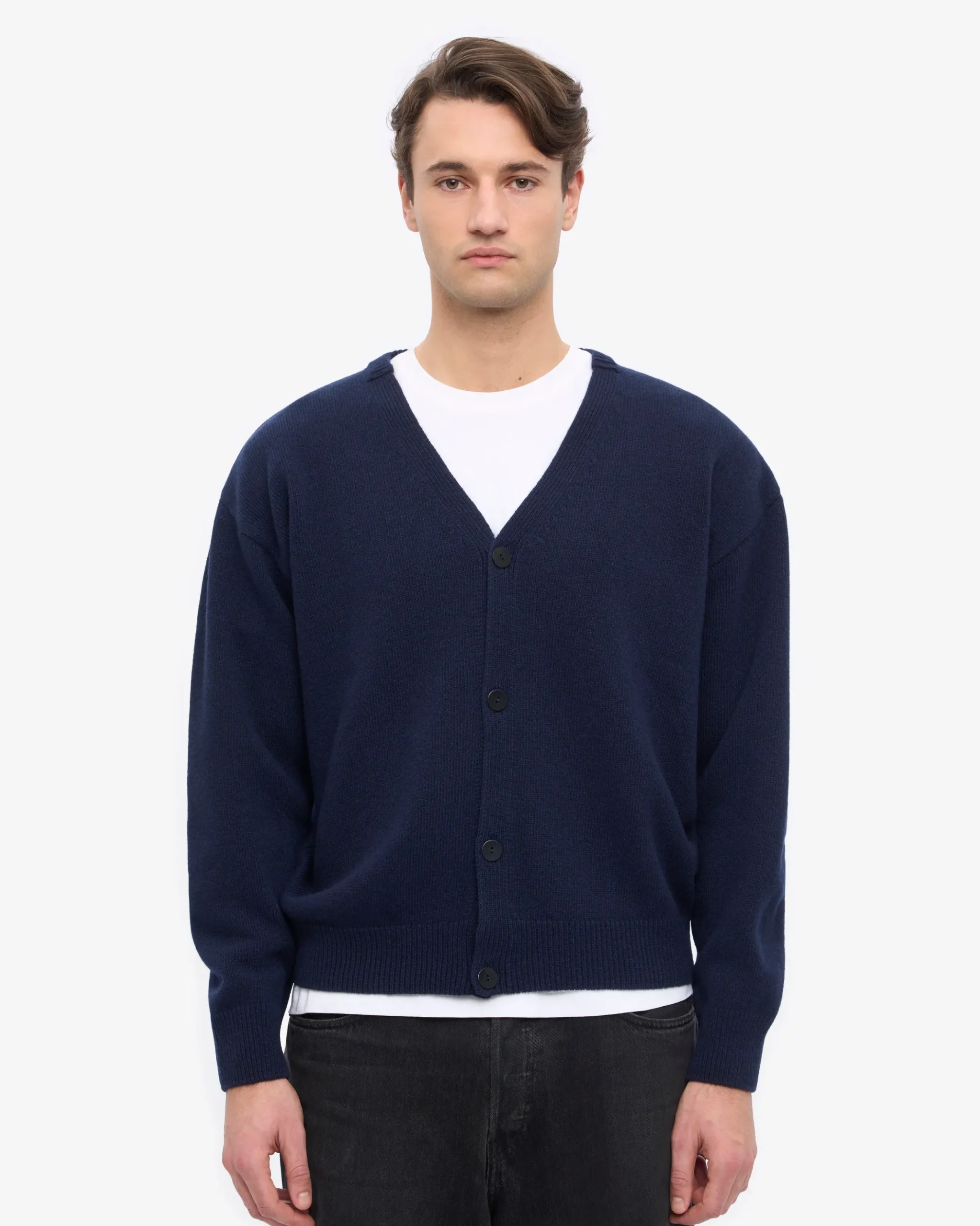 Merino Wool V-Neck Cardigan - Navy Blue