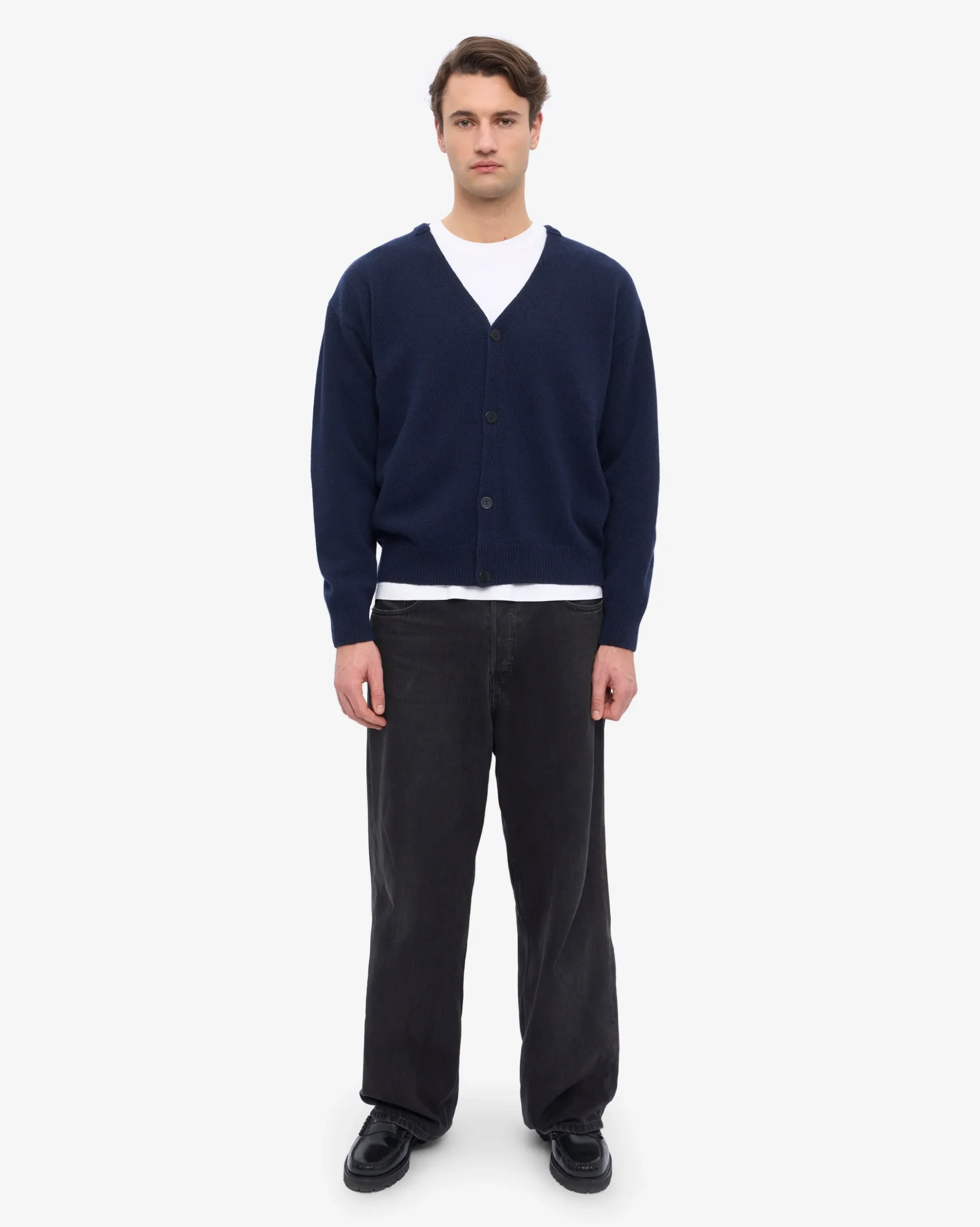 Merino Wool V-Neck Cardigan - Navy Blue