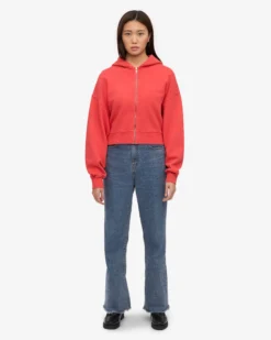 Organic Crop Zip Hood - Red Tangerine