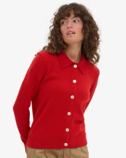 Women Merino Wool Collar Cardigan - Red Tangerine