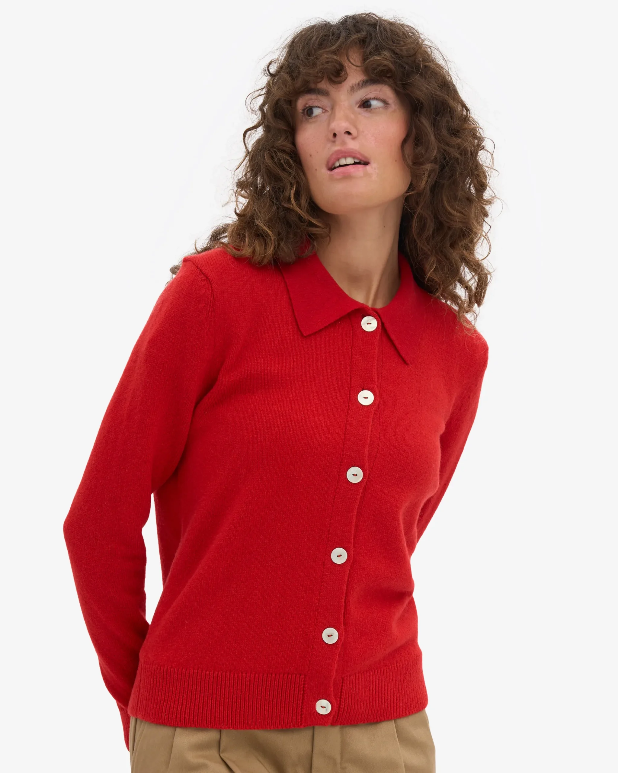 Women Merino Wool Collar Cardigan - Red Tangerine