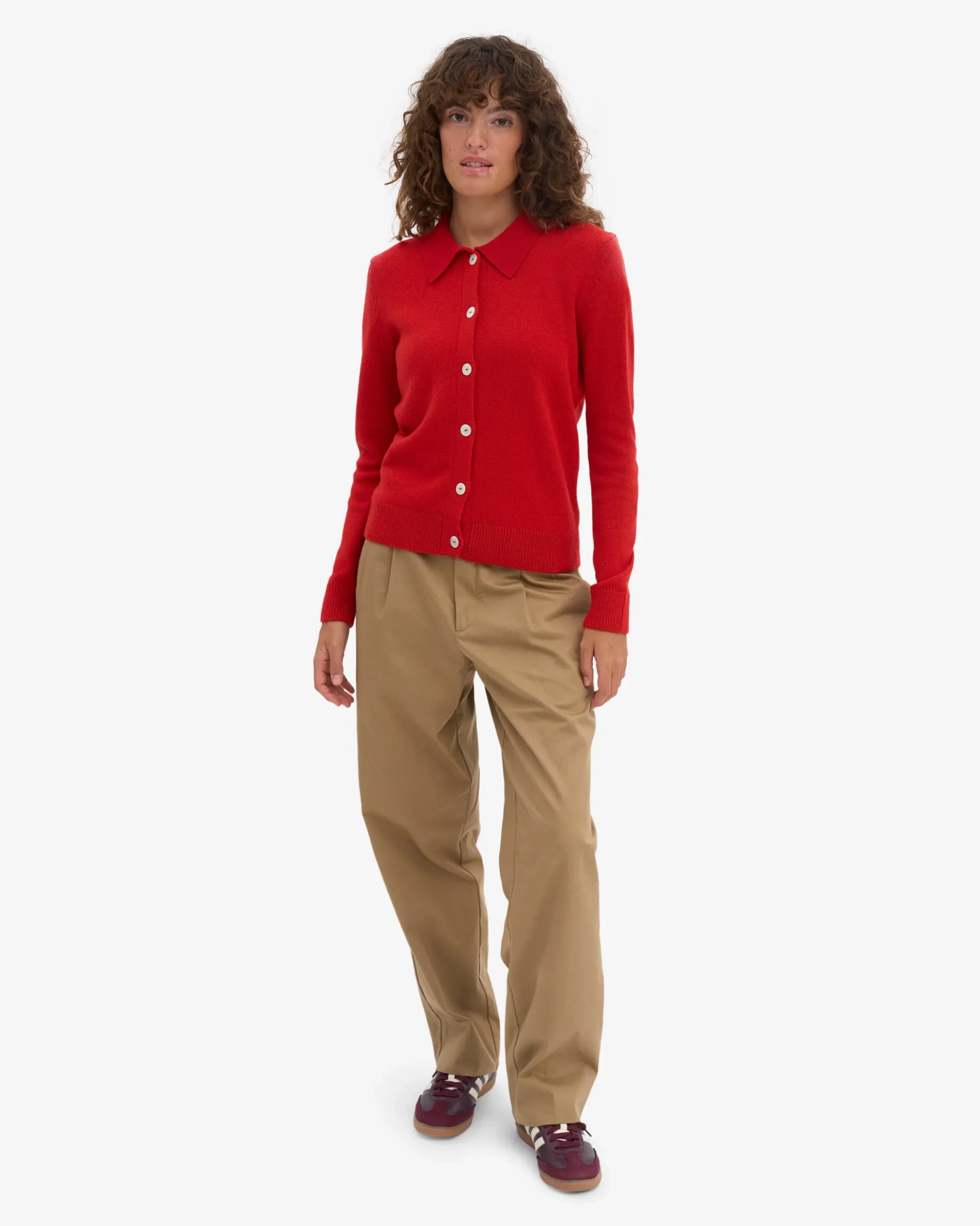 Women Merino Wool Collar Cardigan - Red Tangerine