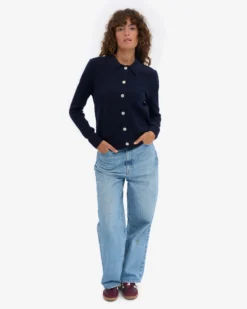 Women Merino Wool Collar Cardigan - Navy Blue