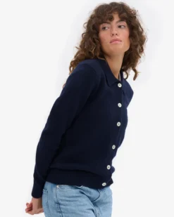 Women Merino Wool Collar Cardigan - Navy Blue