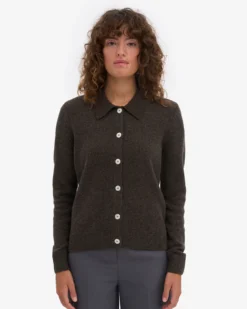 Women Merino Wool Collar Cardigan - Coffee Brown