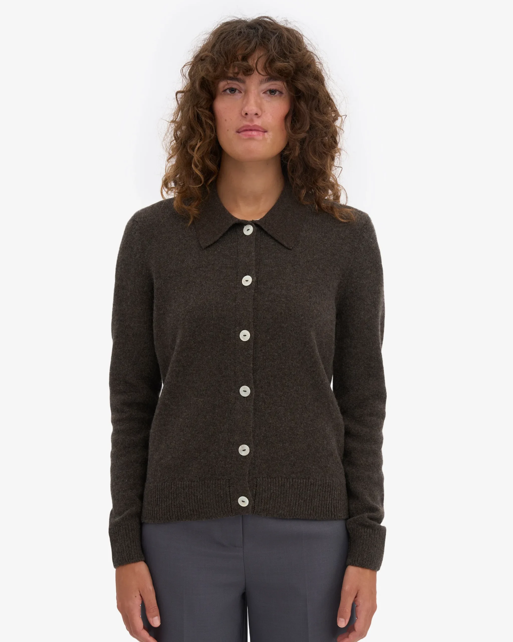 Women Merino Wool Collar Cardigan - Coffee Brown