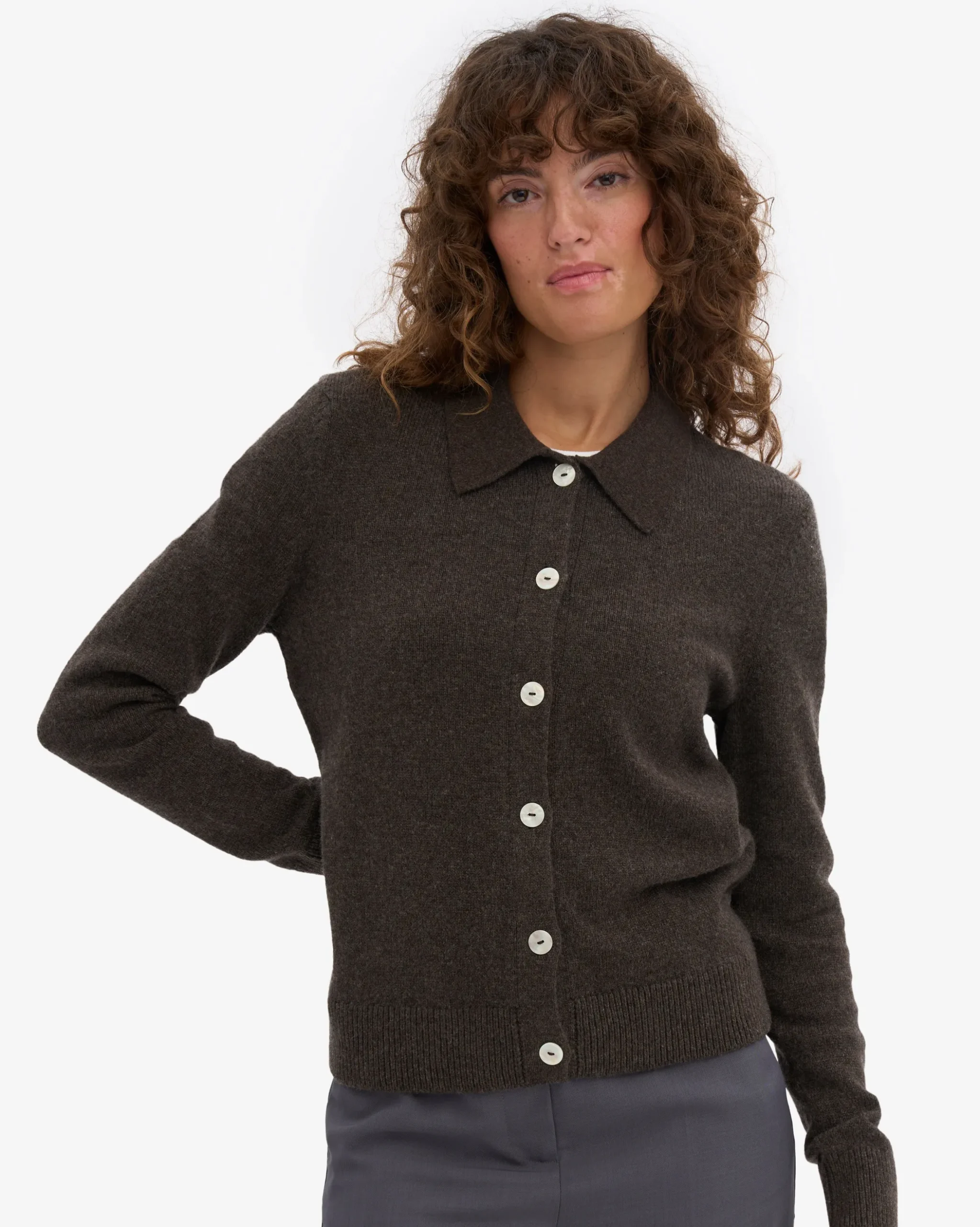 Women Merino Wool Collar Cardigan - Coffee Brown