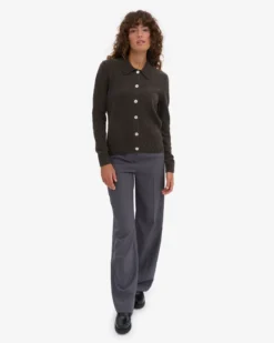 Women Merino Wool Collar Cardigan - Coffee Brown