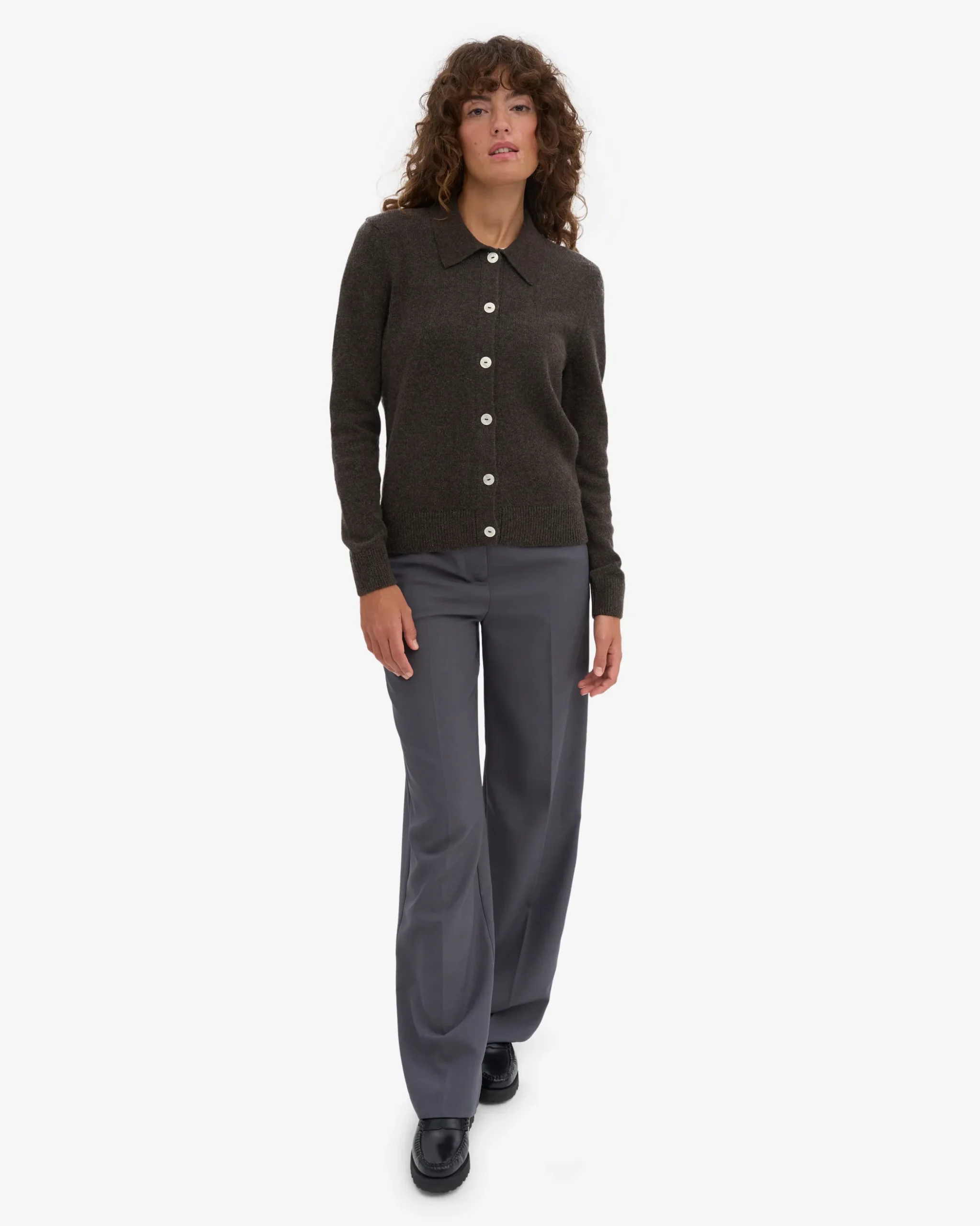 Women Merino Wool Collar Cardigan - Coffee Brown